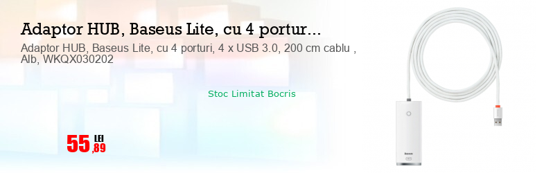 Adaptor HUB, Baseus Lite, cu 4 porturi, 4 x USB 3.0, 200 cm cablu , Alb, WKQX030202