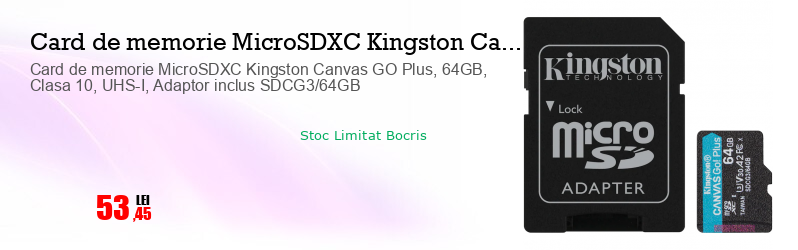 Card de memorie MicroSDXC Kingston Canvas GO Plus, 64GB, Clasa 10, UHS-I, Adaptor inclus SDCG3/64GB