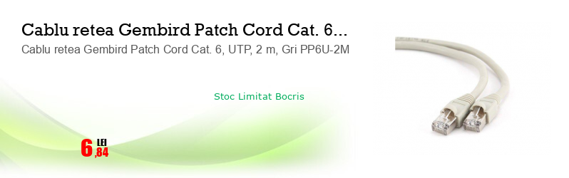 Cablu retea Gembird Patch Cord Cat. 6, UTP, 2 m, Gri PP6U-2M
