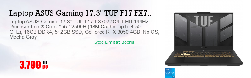 Laptop ASUS Gaming 17.3'' TUF F17 FX707ZC4, FHD 144Hz, Procesor Intel® Core™ i5-12500H (18M Cache, up to 4.50 GHz), 16GB DDR4, 512GB SSD, GeForce RTX 3050 4GB, No OS, Mecha Gray