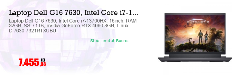 Laptop Dell G16 7630, Intel Core i7-13700HX, 16inch, RAM 32GB, SSD 1TB, nVidia GeForce RTX 4060 8GB, Linux, DI7630I7321RTXUBU