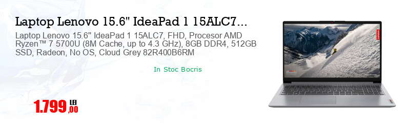 Laptop Lenovo 15.6'' IdeaPad 1 15ALC7, FHD, Procesor AMD Ryzen™ 7 5700U (8M Cache, up to 4.3 GHz), 8GB DDR4, 512GB SSD, Radeon, No OS, Cloud Grey 82R400B6RM