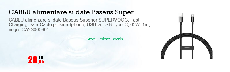 CABLU alimentare si date Baseus Superior SUPERVOOC, Fast Charging Data Cable pt. smartphone, USB la USB Type-C, 65W, 1m, negru CAYS000901