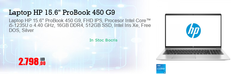Laptop HP 15.6'' ProBook 450 G9, FHD IPS, Procesor Intel Core™ i5-1235U o 4.40 GHz, 16GB DDR4, 512GB SSD, Intel Iris Xe, Free DOS, Silver