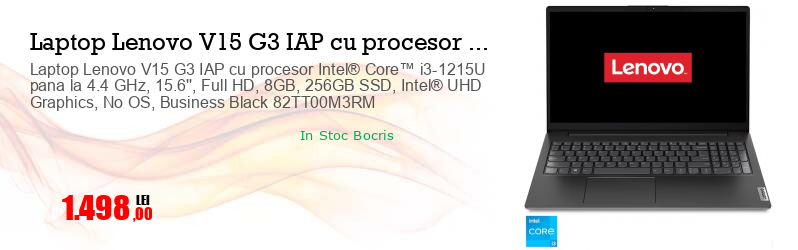 Laptop Lenovo V15 G3 IAP cu procesor Intel® Core™ i3-1215U pana la 4.4 GHz, 15.6'', Full HD, 8GB, 256GB SSD, Intel® UHD Graphics, No OS, Business Black 82TT00M3RM