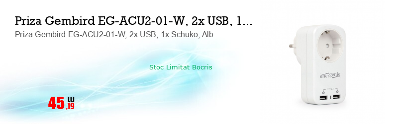 Priza Gembird EG-ACU2-01-W, 2x USB, 1x Schuko, Alb