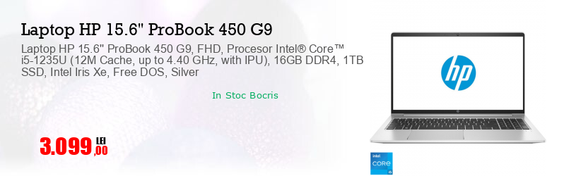 Laptop HP 15.6'' ProBook 450 G9, FHD, Procesor Intel® Core™ i5-1235U (12M Cache, up to 4.40 GHz, with IPU), 16GB DDR4, 1TB SSD, Intel Iris Xe, Free DOS, Silver